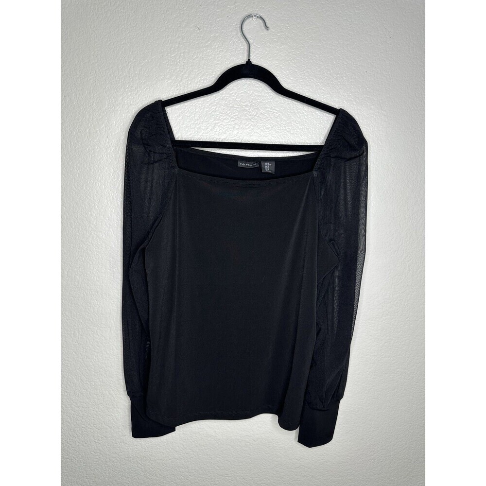 Tahari Blouse Womens XL Black Mesh Long Sleeve Square Neck Sheer Top Elegant